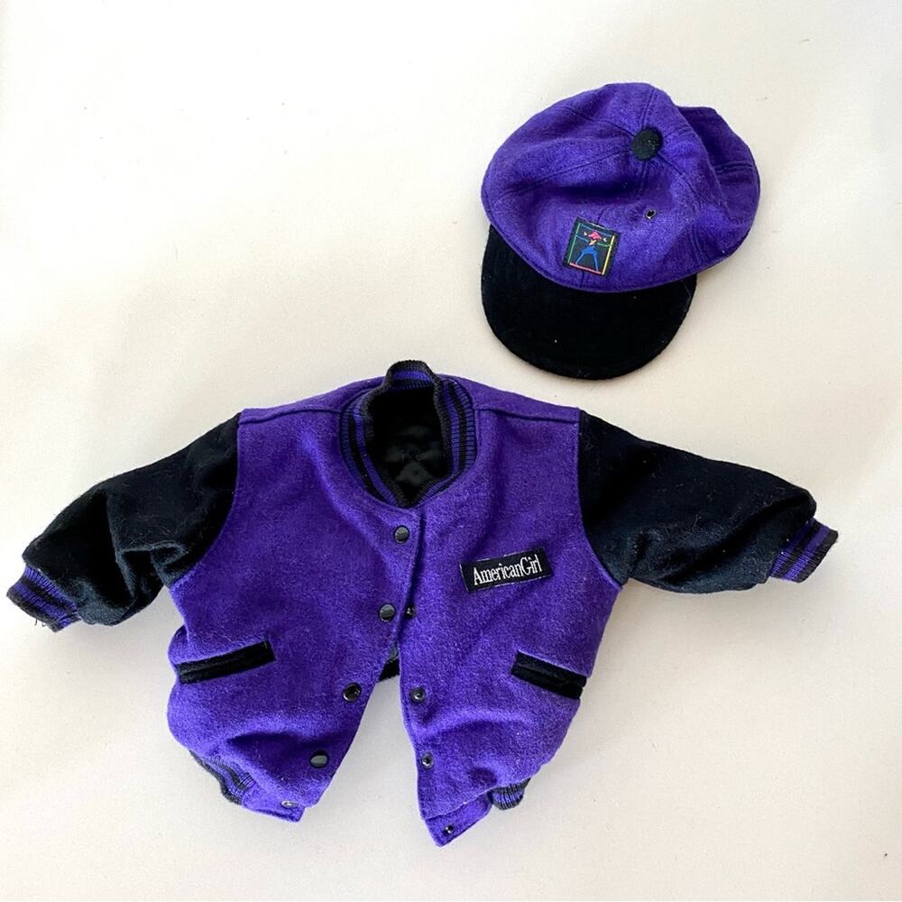 AMERICAN GIRL DOLL Today Jacket Cap Baseball Hat Varsity Purple Black Outfit Set